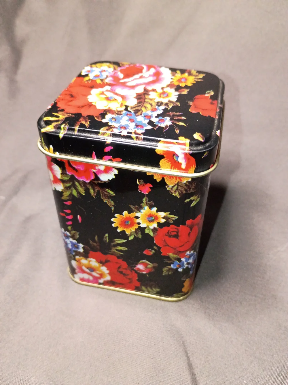 Floral Pattern Metal Storage Tin - Black with Red & Multicolor Flowers